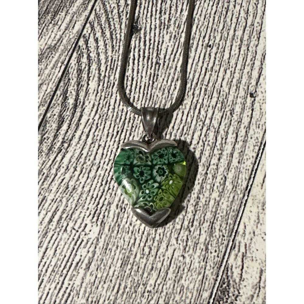 Alan K Sterling Silver MILLEFIORI Green Murano Glass Heart Pendant Necklace 24"